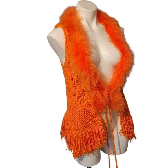 Double Zero Orange Vest Cable Knit Fuzzy Collar Pom Poms Sz Small Funky Hippie - Picture 1 of 6